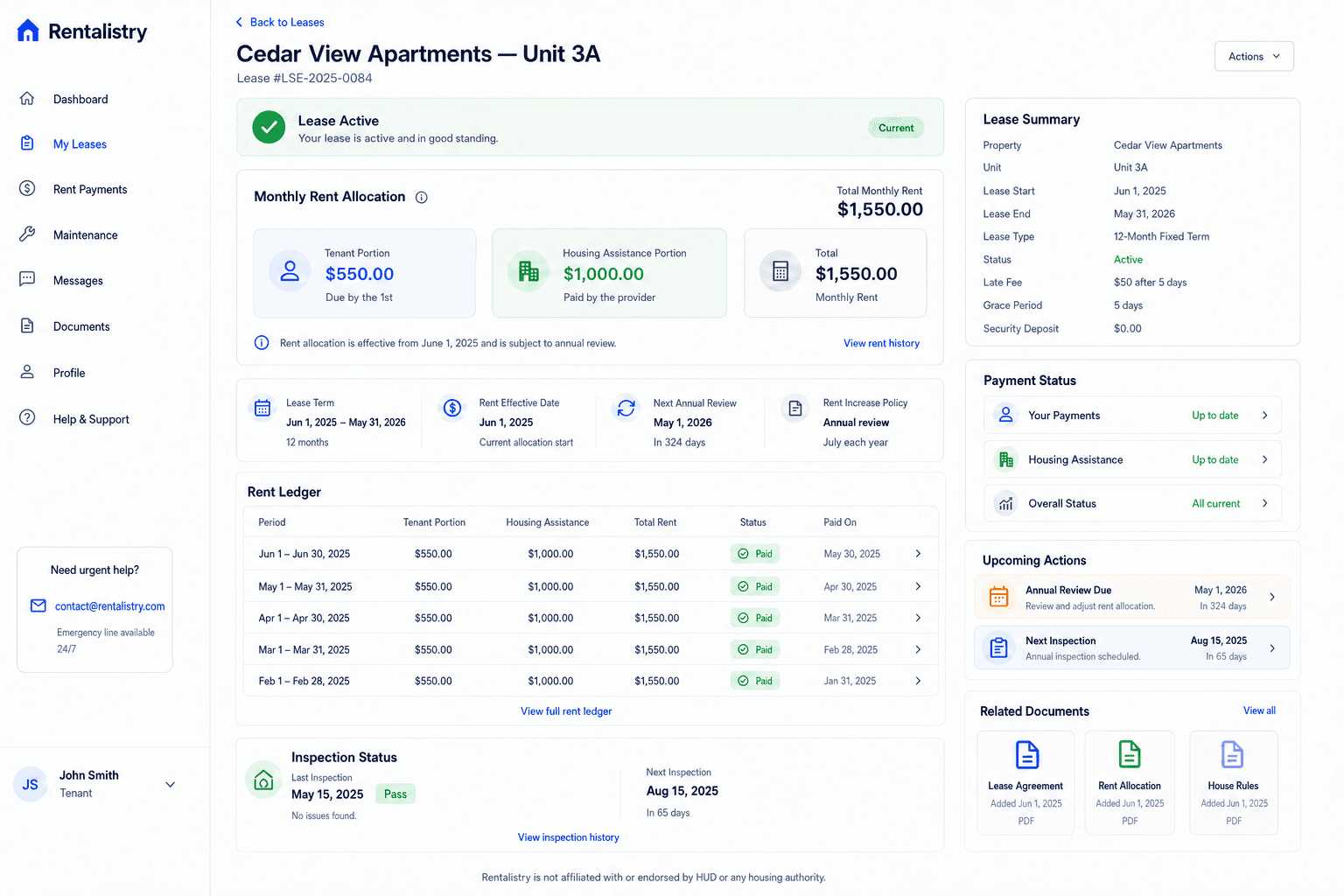 Rentalistry housing-assistance lease record showing tenant and assistance rent portions, payment status, inspections, and documents