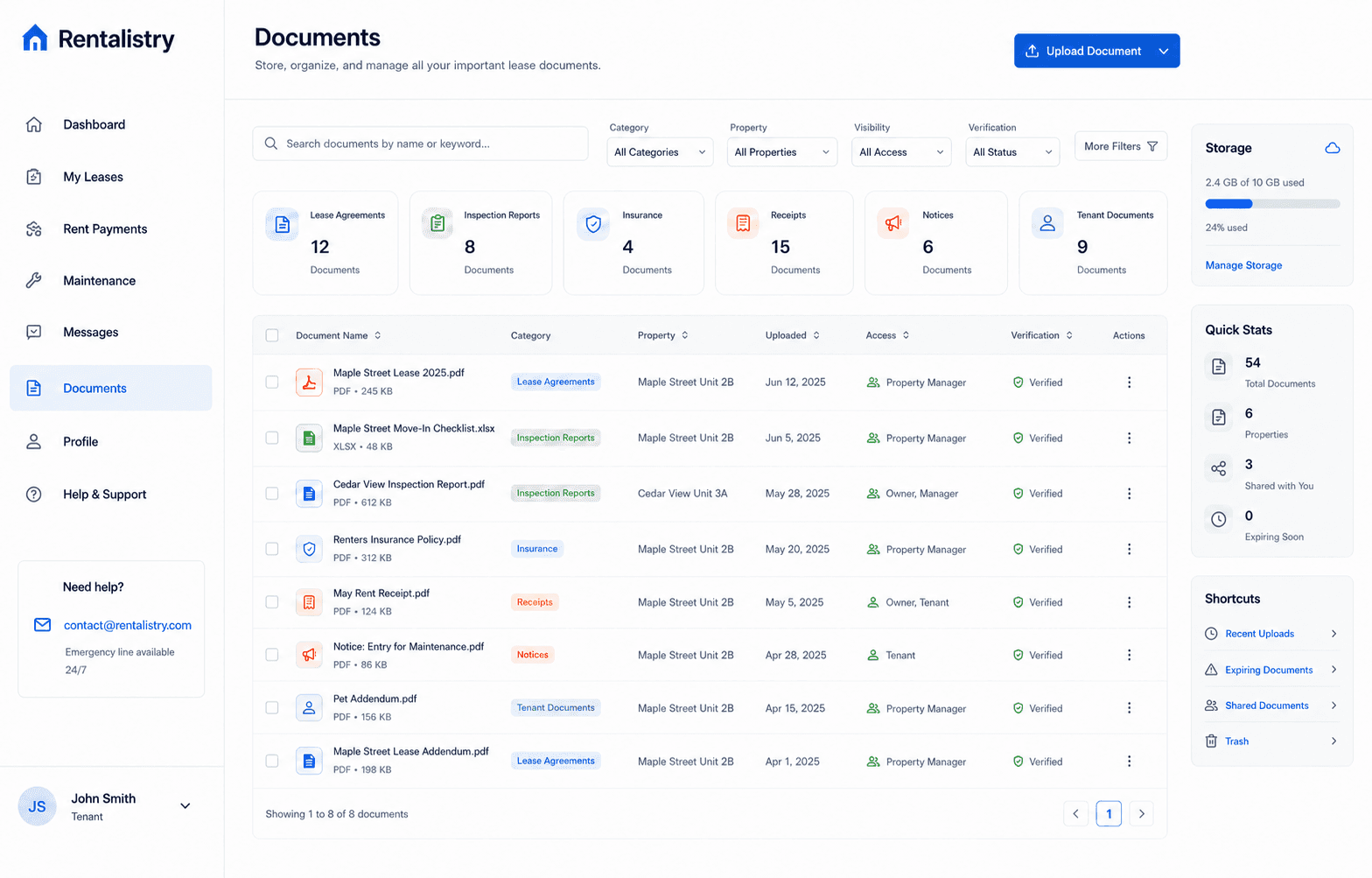 Rentalistry lease document library showing document categories, property associations, access, and verification status