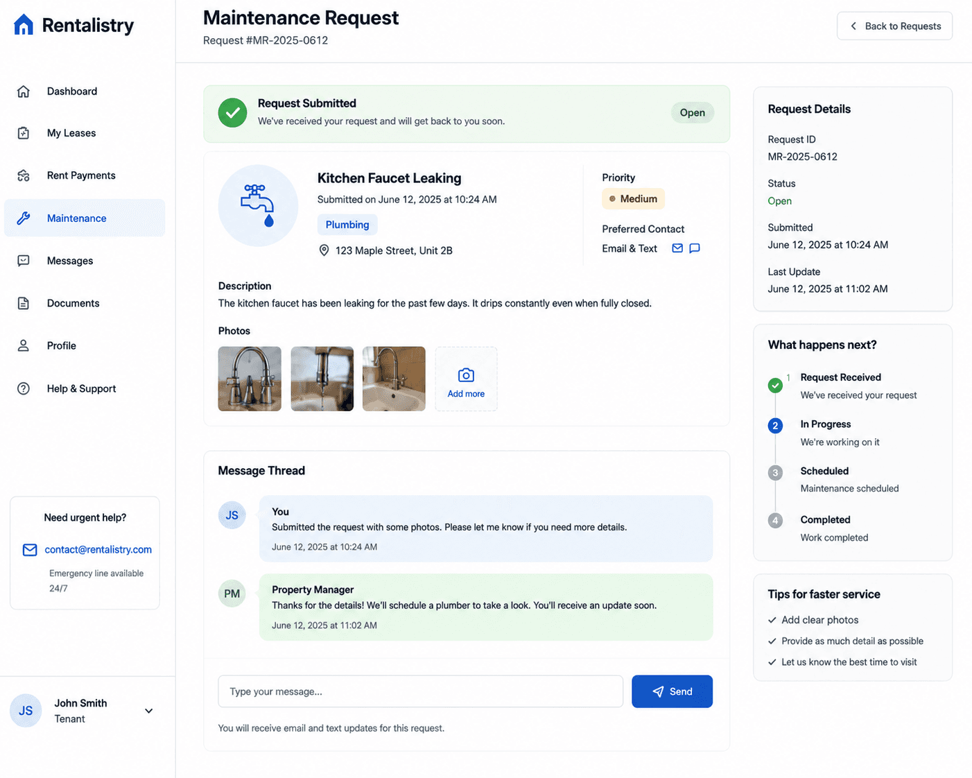 Rentalistry tenant maintenance request showing request details, status tracking, photos, and landlord-tenant messages